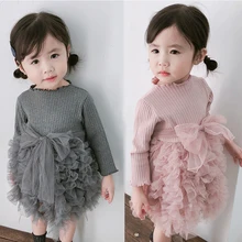 Милое платье с длинными рукавами для маленьких девочек; платье-пачка принцессы для девочек; весенне-осенняя одежда для детей; вязаные платья для маленьких девочек