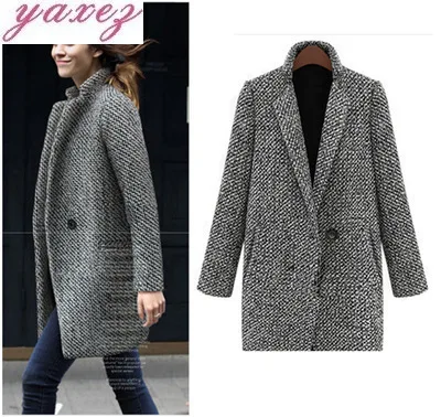 

Autumn Woman Plus Size S-4xl Plaid Wool Blend Coat Grey Tweed Long Sleeve Single Button Wool Overcoat Trench Coat Jacket Abrigos