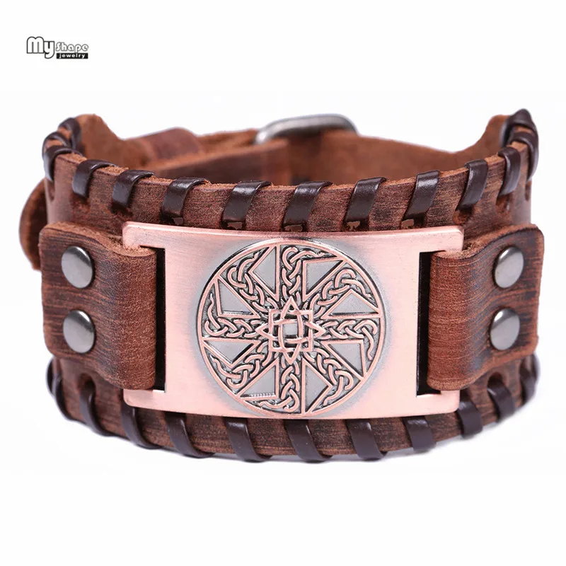 

My Shape Amulet Sun Wheel Weave Genuine Leather Bangle for Optimism Vintage Wide Bracelets Nordic Viking Bracelet Men Male