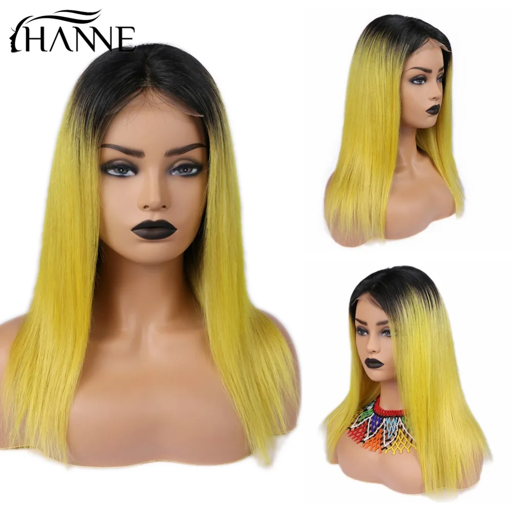 

HANNE 4*4 Closure Wig Remy Wig for Black Women Ombre Lemon Yellow Color Human Hair Wigs Straight Brazilian Lace Remy Hair