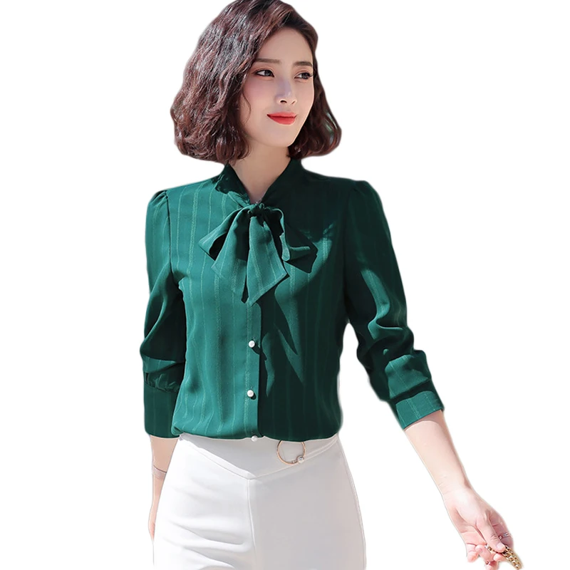 Spring New Chiffon Bow Shirt Women Fashion OL Office Long Sleeve Slim