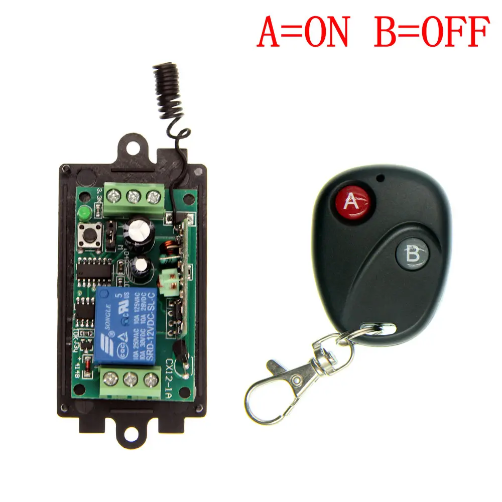 

DC 12V 24V 1 CH 1CH RF Wireless Remote Control Switch System,315/433 MHZ Transmitter + Receivers,Latched (A=ON B=OFF)