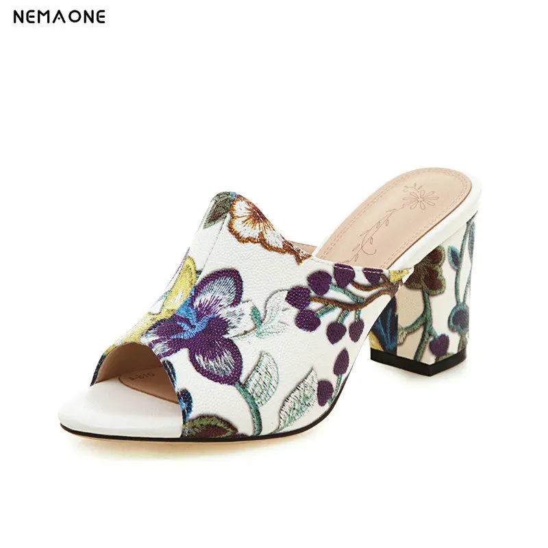 

Nemaone flowe Women shoes Genuine Leather High Heels slippers Fashion Dress Mules Shoes Comfortable Summer Pumps New Shoes Woman