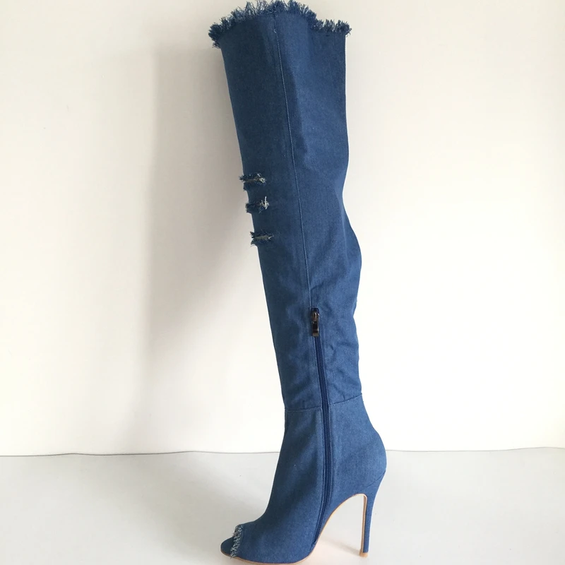 Blue deep Stivali Sexy Stiletto Blue med Il Blue Scarpe Toe Donna Denim Nero Pale il Cut outs Lungo Jeans Ginocchio Peep Alti Blue Sopra blue Coscia Trimed Da sky RFqx765