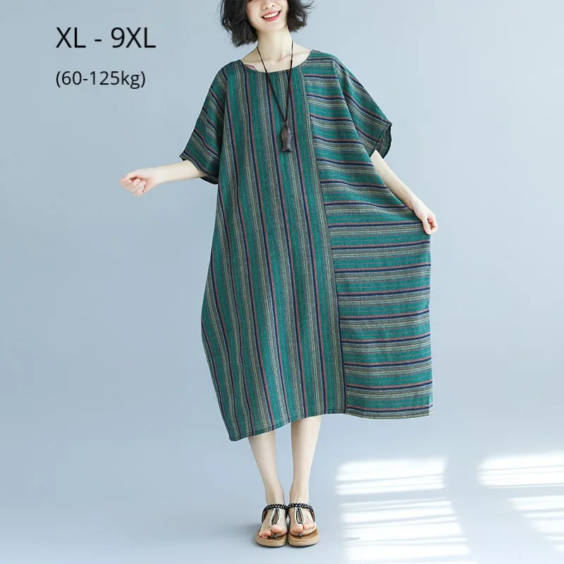 

Plus Size 9XL 8XL 7XL Batwing Sleeve Summer Women Dress Elegant Striped Cotton Linen Clothing Office Ladies Work Wear Dresses