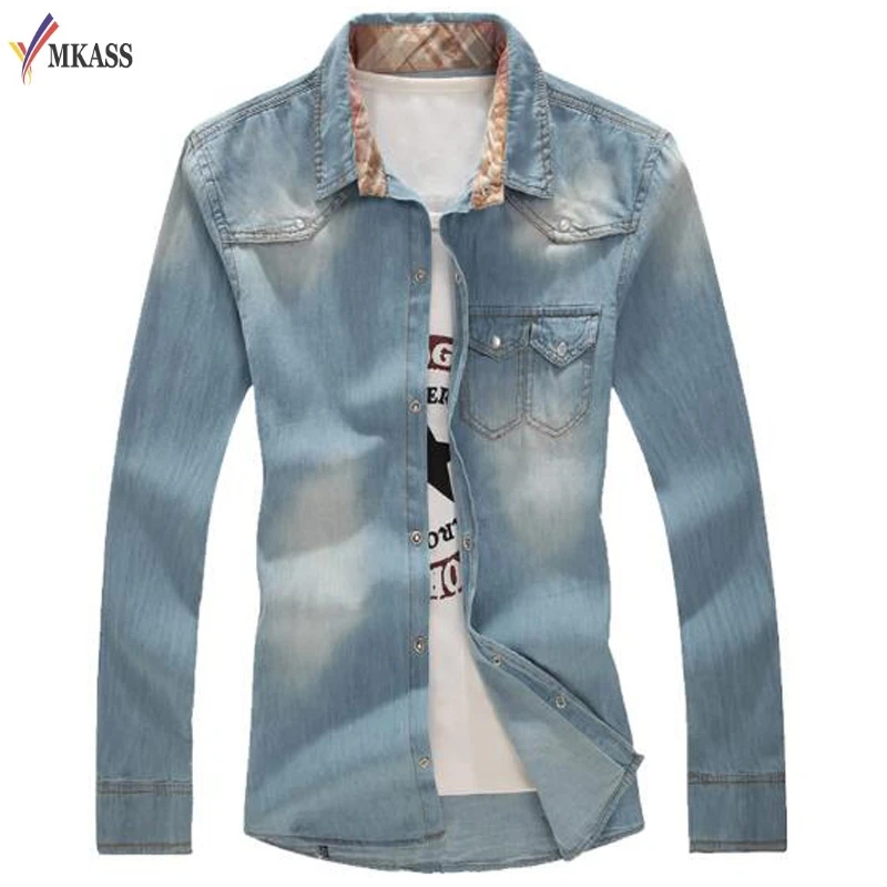 

MKASS Men Denim Jeans Shirts Male Casual Fashion Slim Fit Fitness Long Sleeved Plus Size Men Shirts Hombre Camisa Masculina