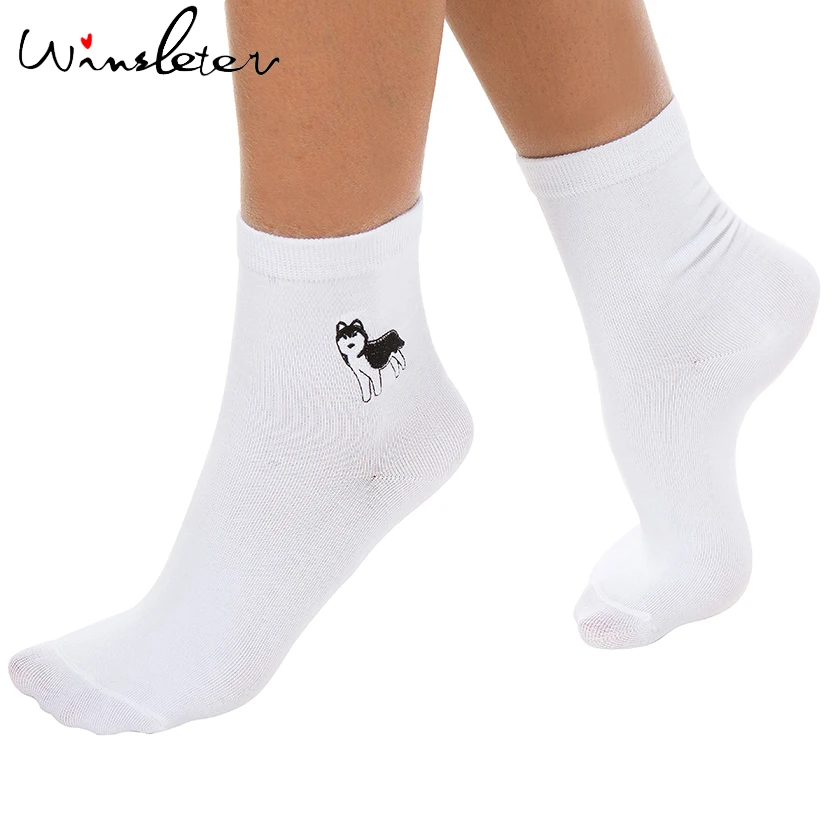 

Women socks white socks cute animal husky embroidery cotton dog female pure color socks funny A73201