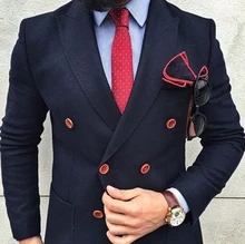 ( Blazer+Pant)Custom Slim Fit Navy Blue Double Breasted Solid 2-Piece Suit Notch Lapel One Button Tuxedo Jacket Pants Set 2 Pcs pocket notch lapel grid one button coat