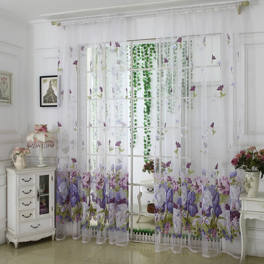 2pcs Peony Flower Print Curtain Tulle Window Treatment Drape Valance Simple Curtain Wear Rod Model 100x200cm L703