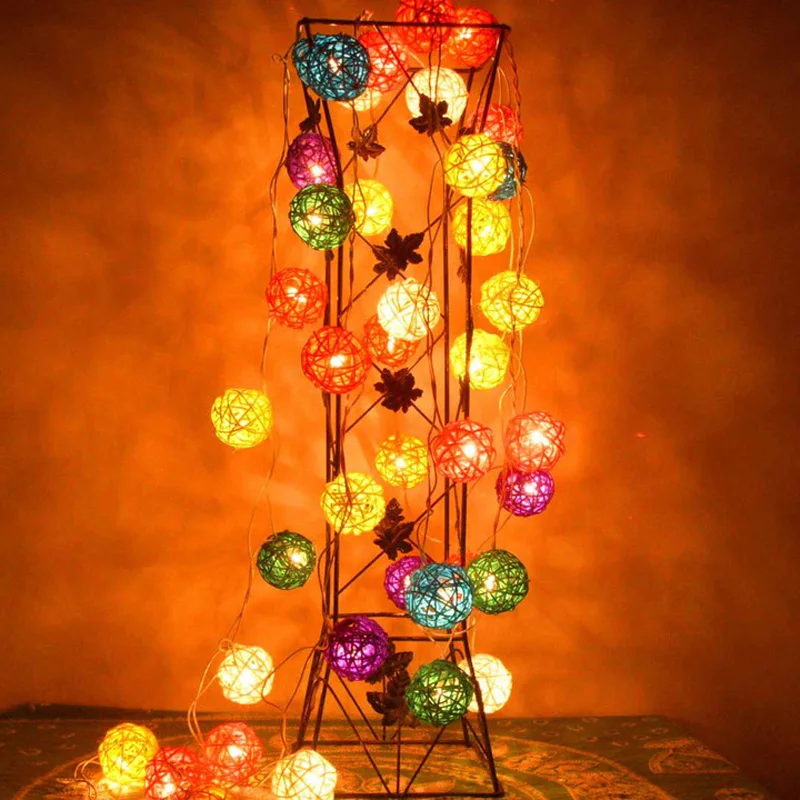 Battery Operated Garland Lights 20 Rattan Ball String Fairy Lights AC