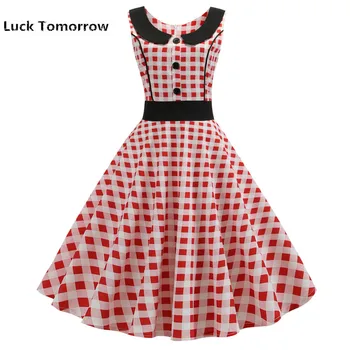 

Summer Pink Plaid Printing Vintage Dress Summer Dress Peter Pan Collor Elegant Swing Party Dresses Pin Up Rockabilly Vestidos
