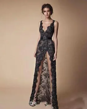

2019 Sexy Prom Dresses Full Lace Applique Beads Deep V Neck Front Split Long Formal Party Wear robe demoiselle d'honneur