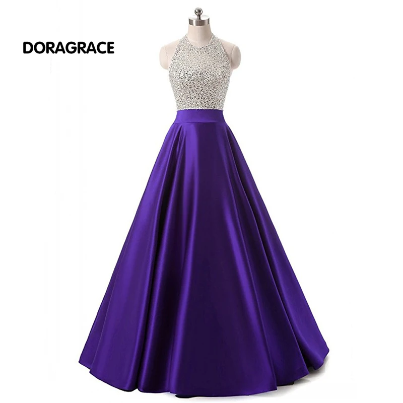 

robe de soiree Glamorous Halter Backless Floor-Length A Line Beaded Prom Dress Long Evening Dresses DGE029