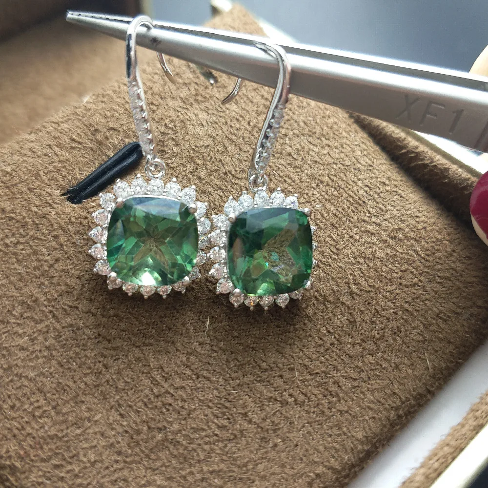 

FLZB,Womengemstone green topaz 10.2ct Cushion cut 8*8mm in 925 sterling silver with 18k white gold plated jewelry earring gift