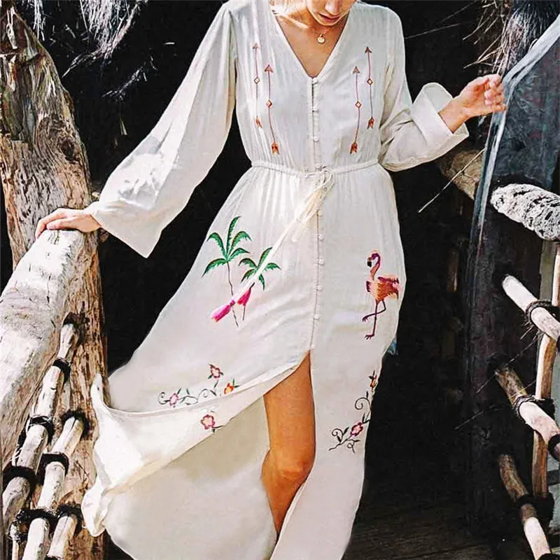 

Embroidery Cotton Beach Kaftan Cover up Saida de Praia Swimsuit Bikini cover up Tunics for Beach Pareo Sarong Beachwear