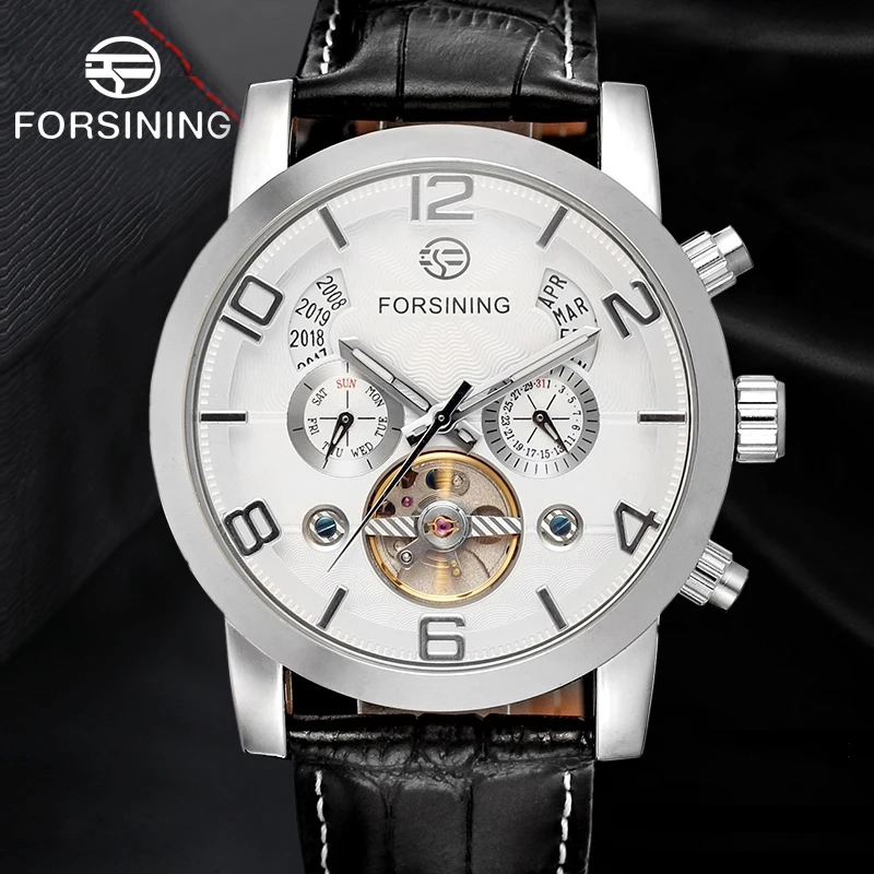 

Forsining Men's Watch Simply Multifuction Automatic Watches Skeleton Genuine Leather Strap Mechanical Wristwatch Color White