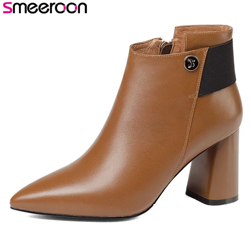 

Smeeroon new fashion cow genuine leather ankle boots pointed toe autumn boots for women boots zip high heels wedding shoes