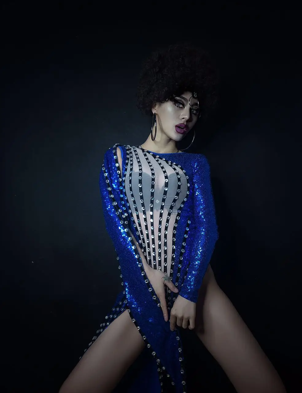 Blue Sequins Bodysuit Sexy One leg Beads Outfit Dance ClubWear Party Wear Costume Stage Celebrate Women's Dance Leotard cut out bodysuit