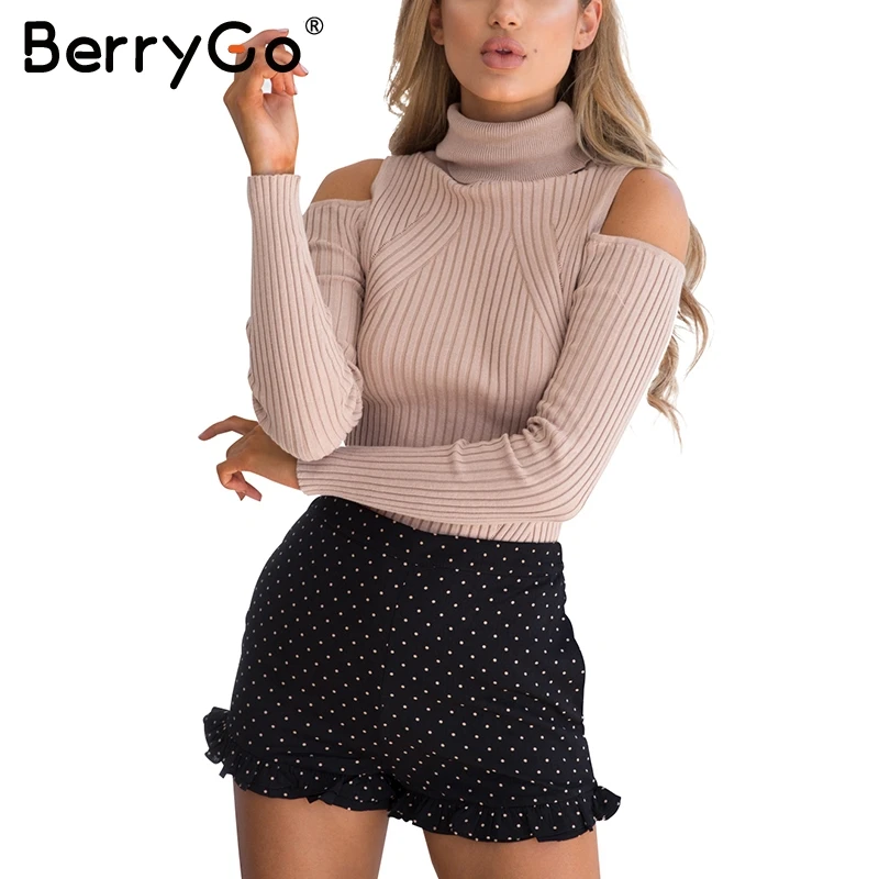 BerryGo Turtleneck Cold Shoulder Knitted Sweater Women Casual Cotton Streetwear Pullover Female Elegant Autumn Winter Jumper