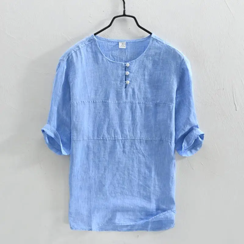 

2019 Summer Shorts Sleeve Shirts Men 100% Linen Breathable Henry Collar Brand Clothing Shirt Plus Size Y1565