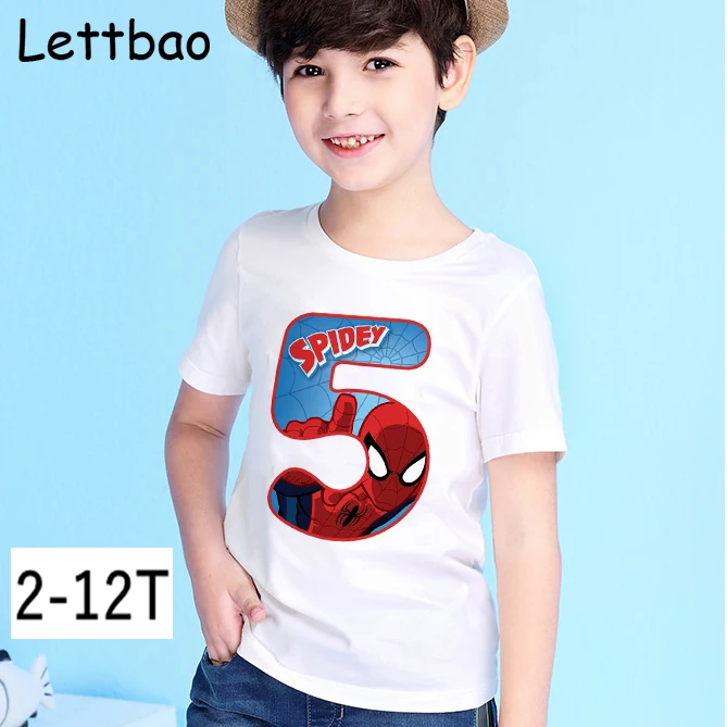 New Fashion Children's Clothes Happy Birthday 2 To 12 Number Summer Cotton White T-shirt for Boy Spider Man Tshirt for Kid