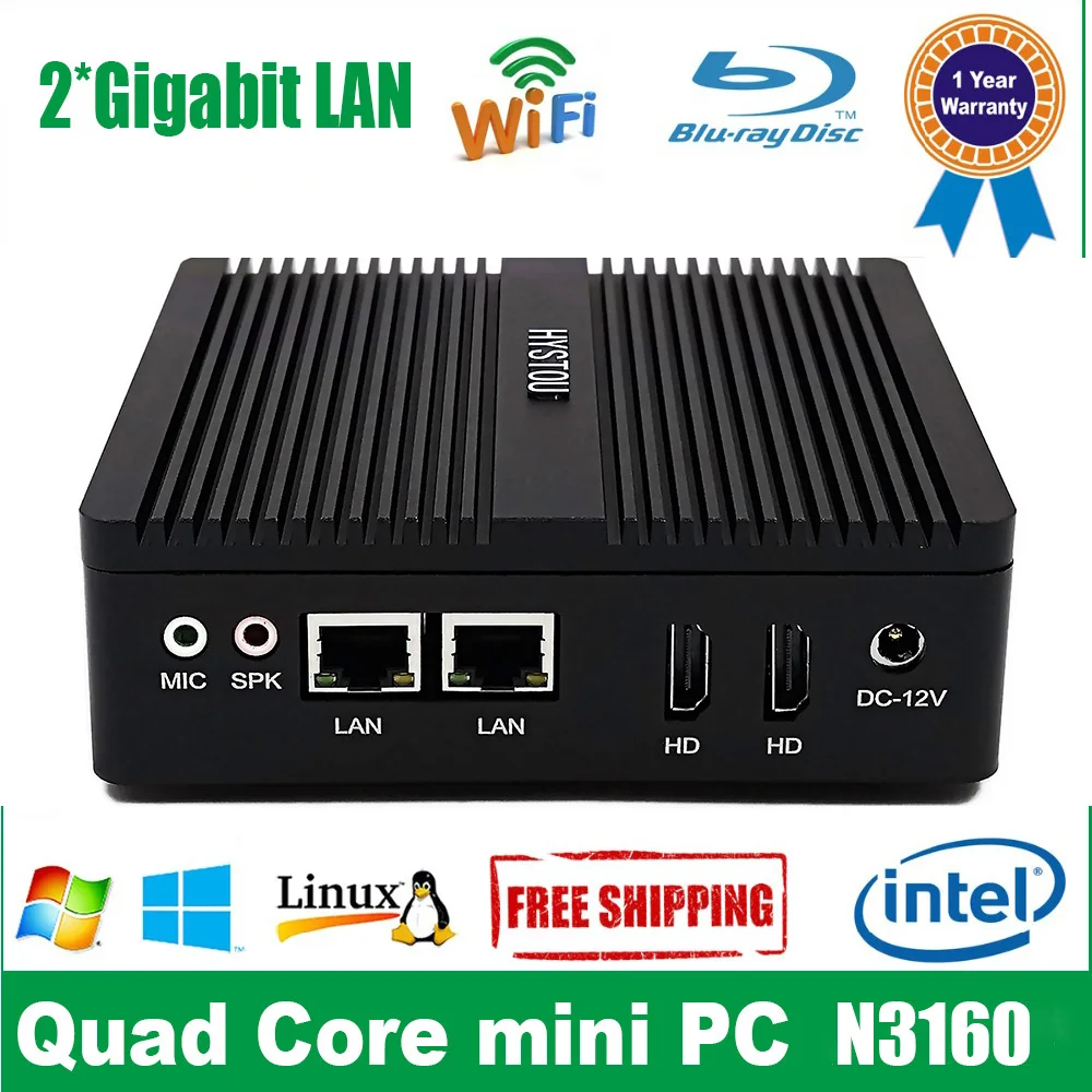 Barebone Linux мини ПК четырехъядерный Celeron N3160 Windows безвентиляторный дизайн без шума 4K