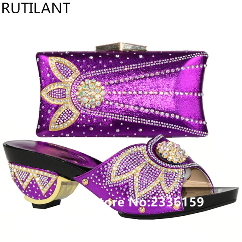 Africanos Sistemas Italianos Bolsa Zapatos púrpura Boda Mujeres Atractivo Del La Los rosado Oro Señoras De Zapato Decorado Para Las Con plata Conjunto Bolso Rhinestone Y UqqE7RwP