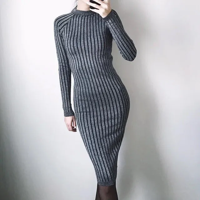 

New Arrival 2018 Fashionable Long Sleeve Women Dress Slim Bodycon Knitted Sweater Knee-Length Party Dresses Vestidos Mujer