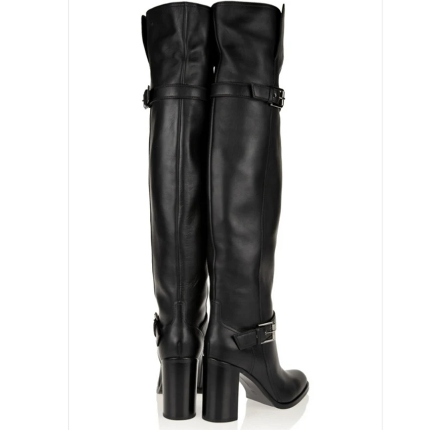 Новые черные кожаные пикантные сапоги до колена на высоком каблуке с пряжкой; сезон осень-зима; женские сапоги; большие размеры 31-45; X1650