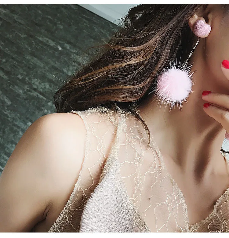 Korean Accessroies Soft Fur Ball heart PomPom Long Earrings02