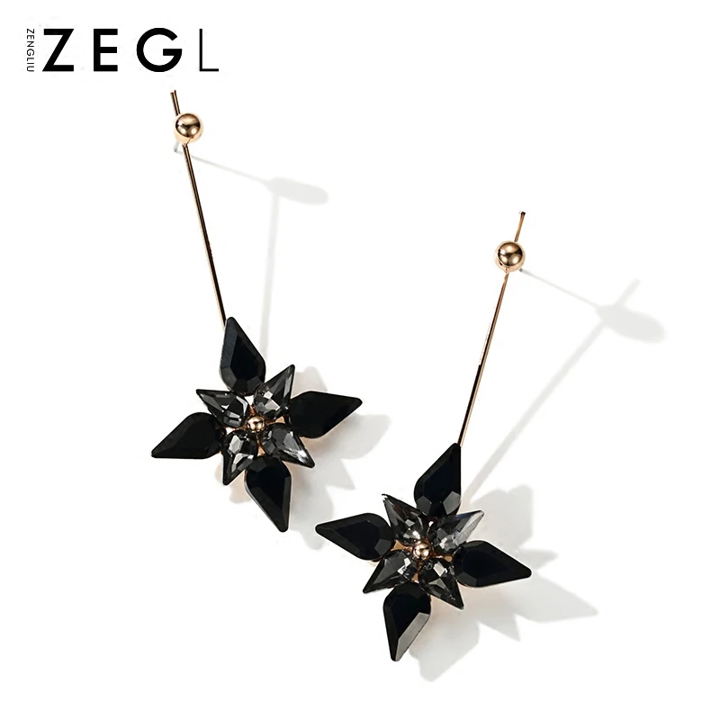 

ZEGL Korean temperament black flower earrings Female long earrings retro fashion jewelry earrings
