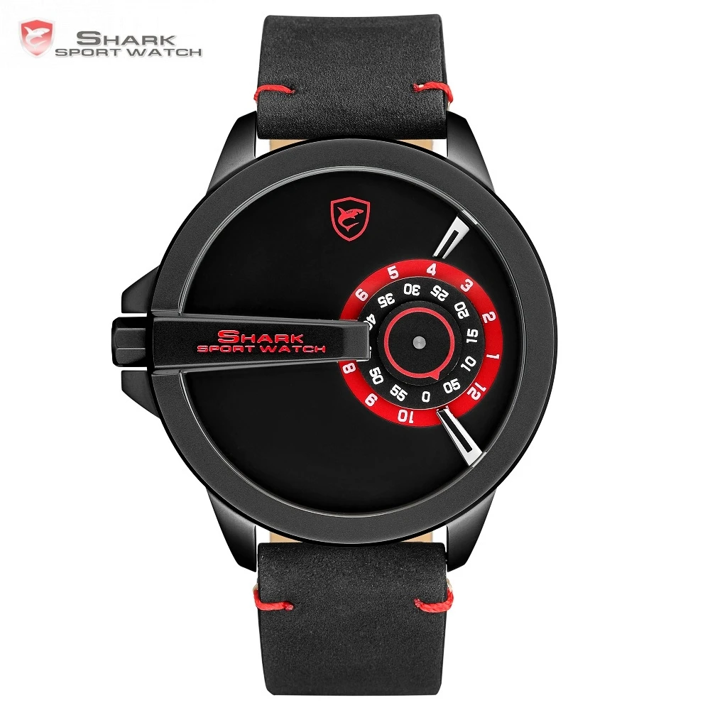 SHARK Sport Watch Brand Turntable Black Red Analog Quartz Crazy Horse