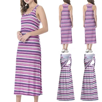 

Maternity Cotton Dresses Women's Breastfeeding Sleeveless Striped Nursing Baby Dress Robe Grossesse Clothes For Pregnant Mothers