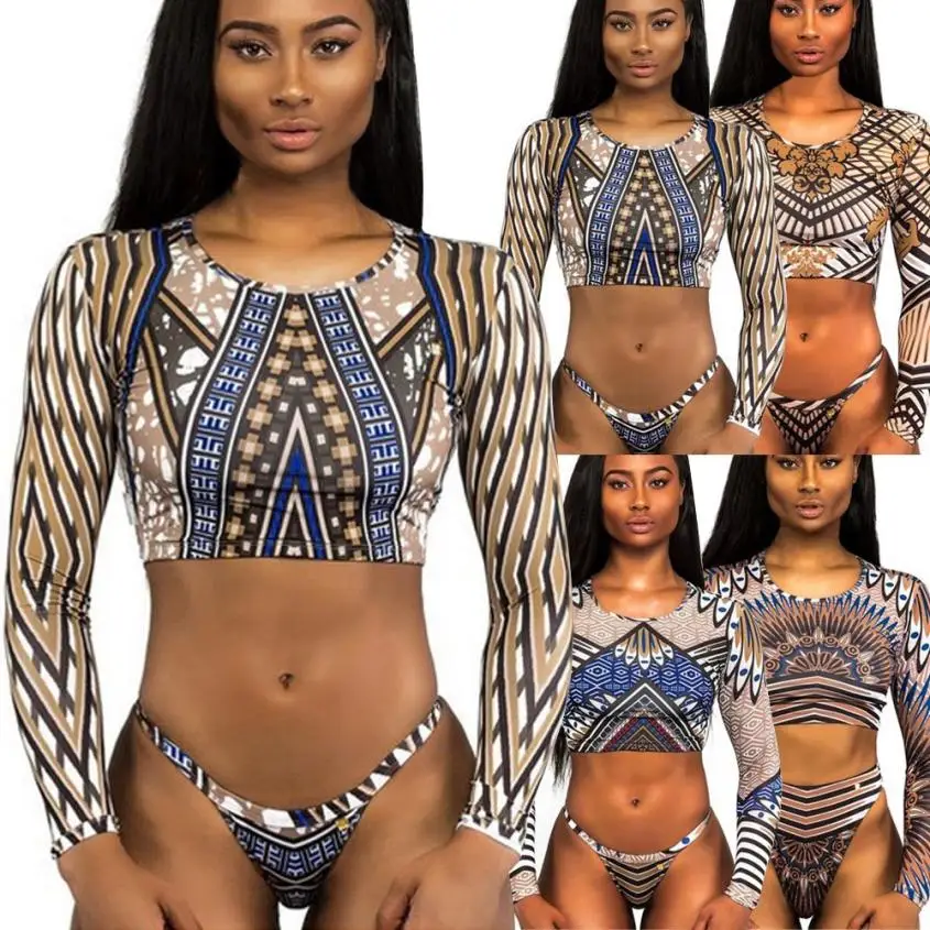 Sexy Women Long Sleeve Print Bikini Swimsuit Set Surfing Hipster Bikini Swimwear Sex Appeal Women's Swimsuits Bather Swimwear