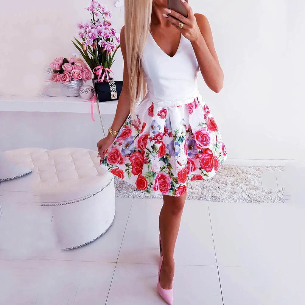

2019 NEW Women Summer mini dress Fashion Sexy V-neck Sleeveless Print Hawaiian Vacation Sexy Party Mini Dress