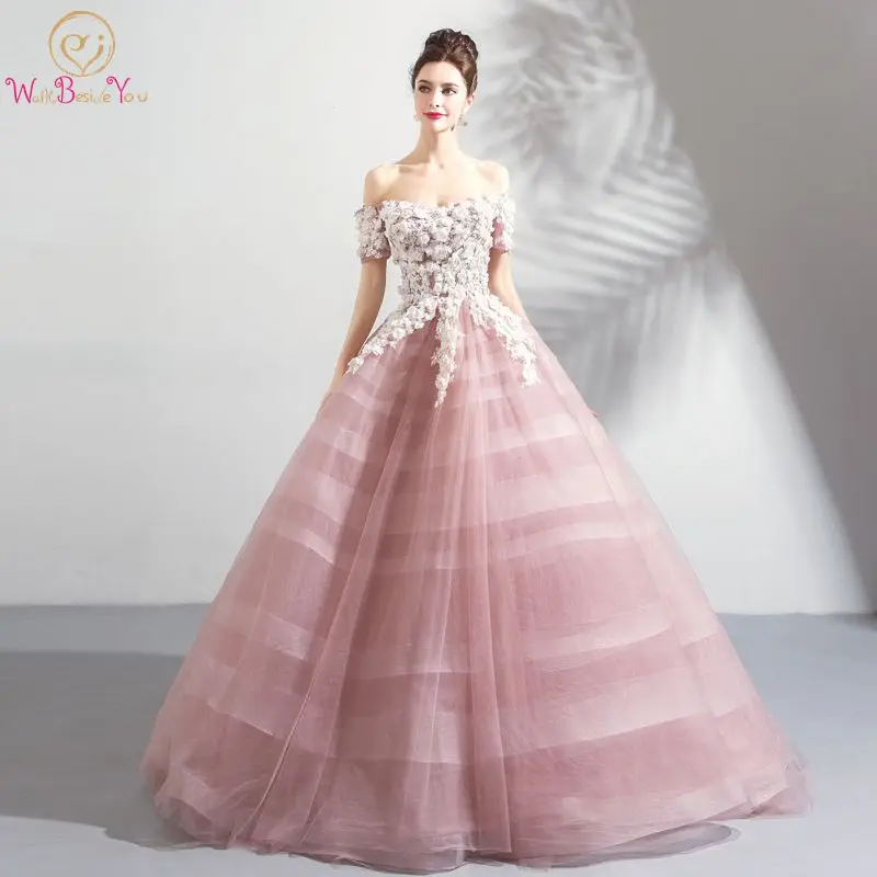 Pink Wedding Dresses Ball Gown Off Shoulder Short Sleeves Tulle