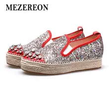Mezereon блеск криперы женские туфли без застежек Демисезонный Женские туфли-лодочки на плоской платформе Обувь Стразы женские эспадрильи бездельник