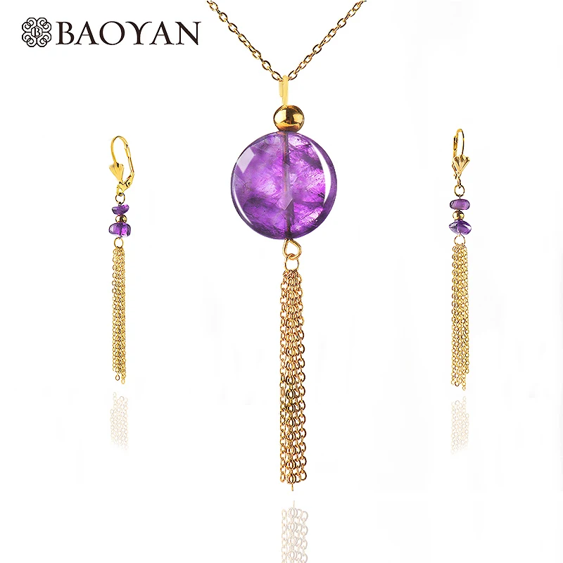 

Baoyan Handmade Purple Natural Stone Jewelry Sets Gold Plating Stainless Steel Chain Tassel Necklace Earrings Jewelry Sets Women