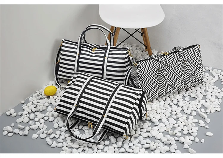 Fashion Carry On Luggage Travel Bags Women Large Capacity PVC Waterproof Duffel Bag Striped Weekend Holdall Travelling Handbag