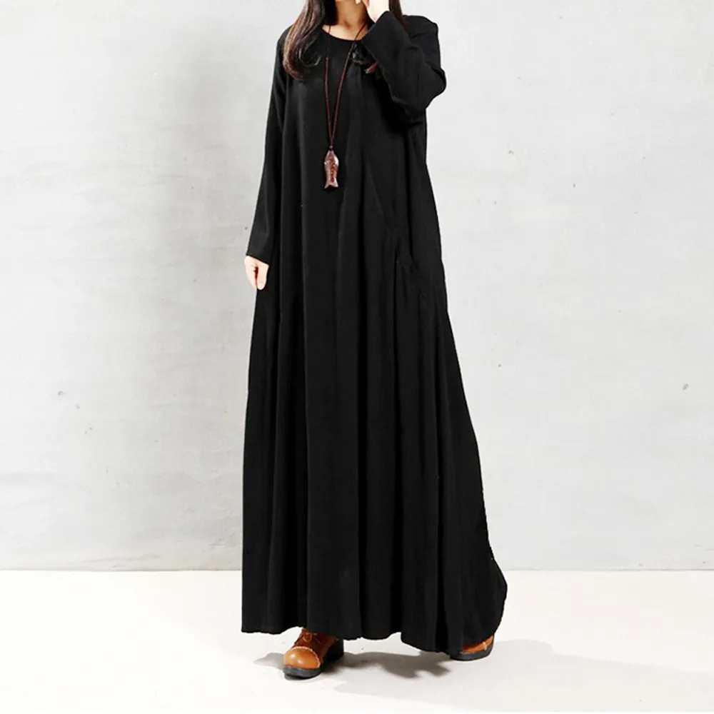 

New Plus size long maxi dress women Cotton loose pocket long dress autumn dress linen Pure color beach long dress vestidos