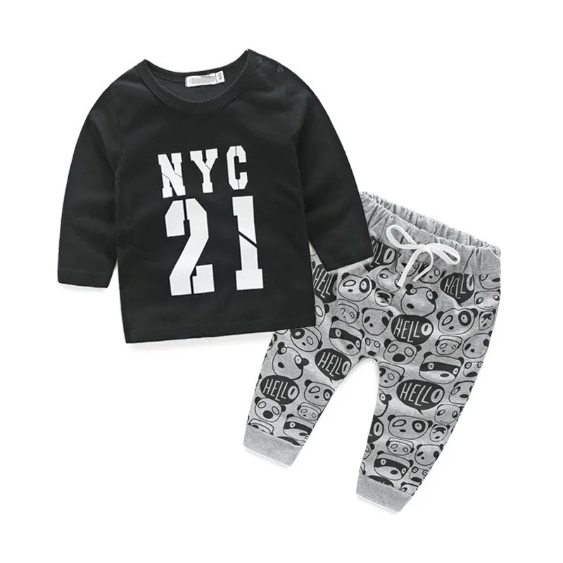 

2Pcs Baby Boy Clothes Cotton Black Letter Printed Long Sleeve T-shirt + Grey Panda Pants Baby Girl Clothes Autumn Winter
