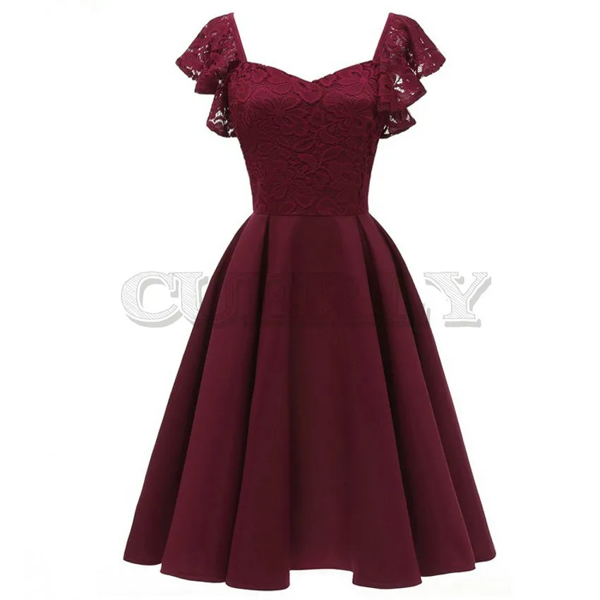Image A line Vintage CUERLY Lace Dress Elegant Women Short Prom Office Slim Party Dresses Summer 2019 Casual Beach Dress