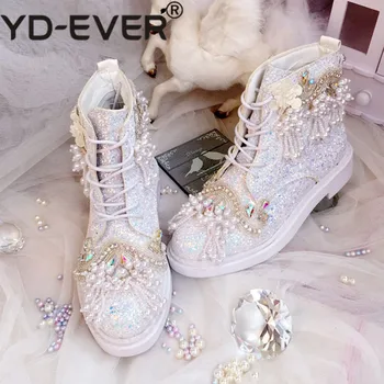 

Luxury Shoes Wedding Boots For Bride Personized Princess Sequins Pearls Sweet Lady Autumn Winter Crystal Colorful Bling Shoes