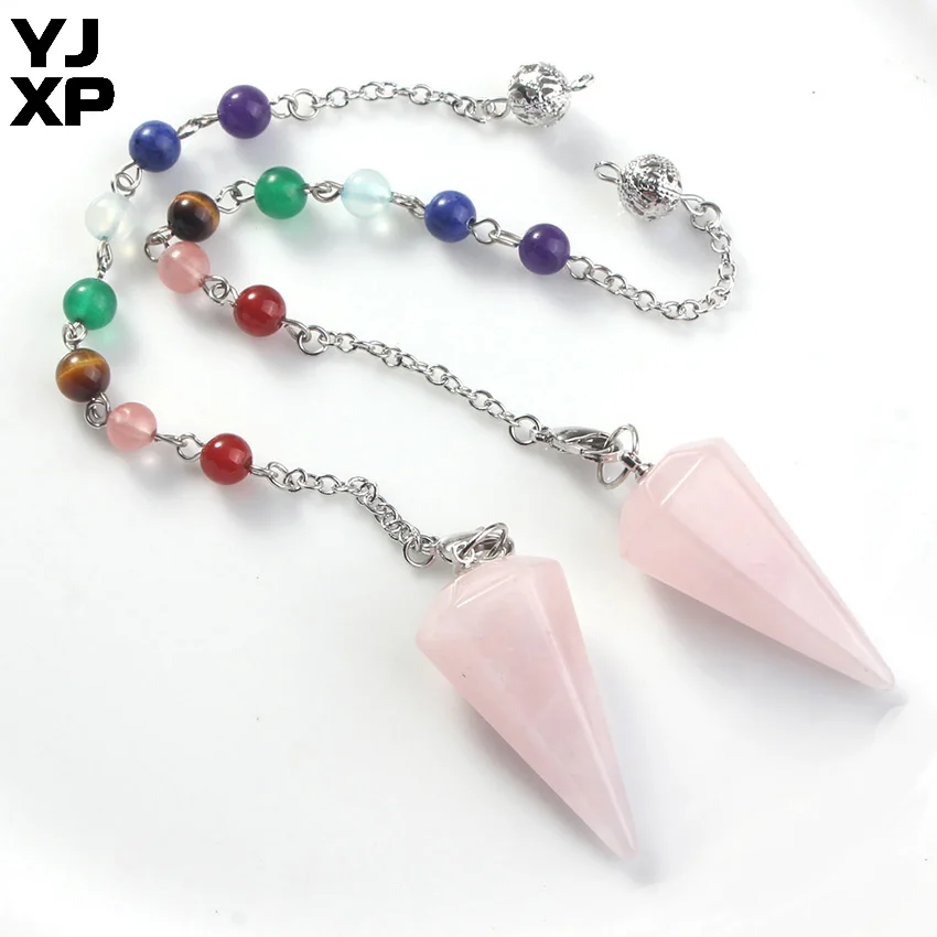 

YJXP Silver Plated 7 Beads Link Chain Chakra Stone Dowsing Pendulum Rose Pink Quartzs Hexagon Pyramid Pendant Fashion Jewelry