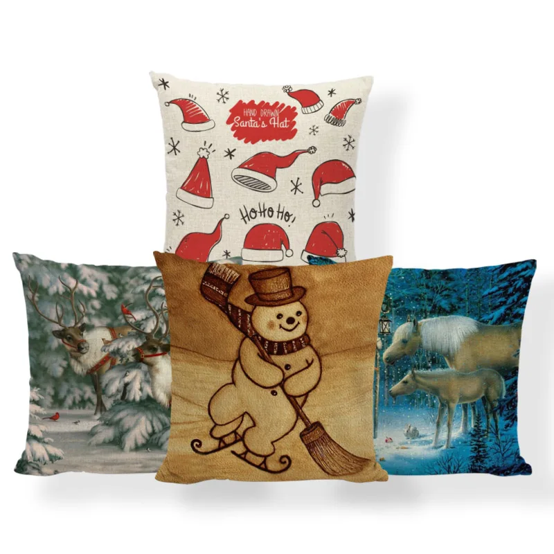 

Classic Retro Style Oil Painting Cushion Set Santa Snowman Deer Horse Polar Bear Decorative Pillowcase Polyester Linen Pillow