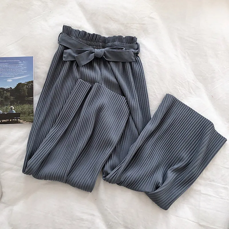 Женские Плиссированные широкие брюки с бантом на поясе для офисных леди, черные элегантные брюки с высокой талией, летняя однотонная свободная одежда для женщин - Цвет: Синий