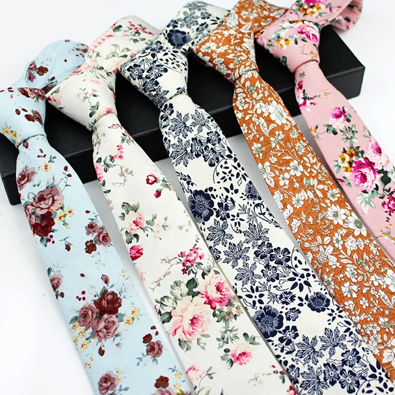 Хлопок печати Галстуки Для мужчин Для женщин унисекс Повседневное 6 см тонкий галстук Колледж ветер элегантность цветок офисные Стрелка Галстук подарочная коробка