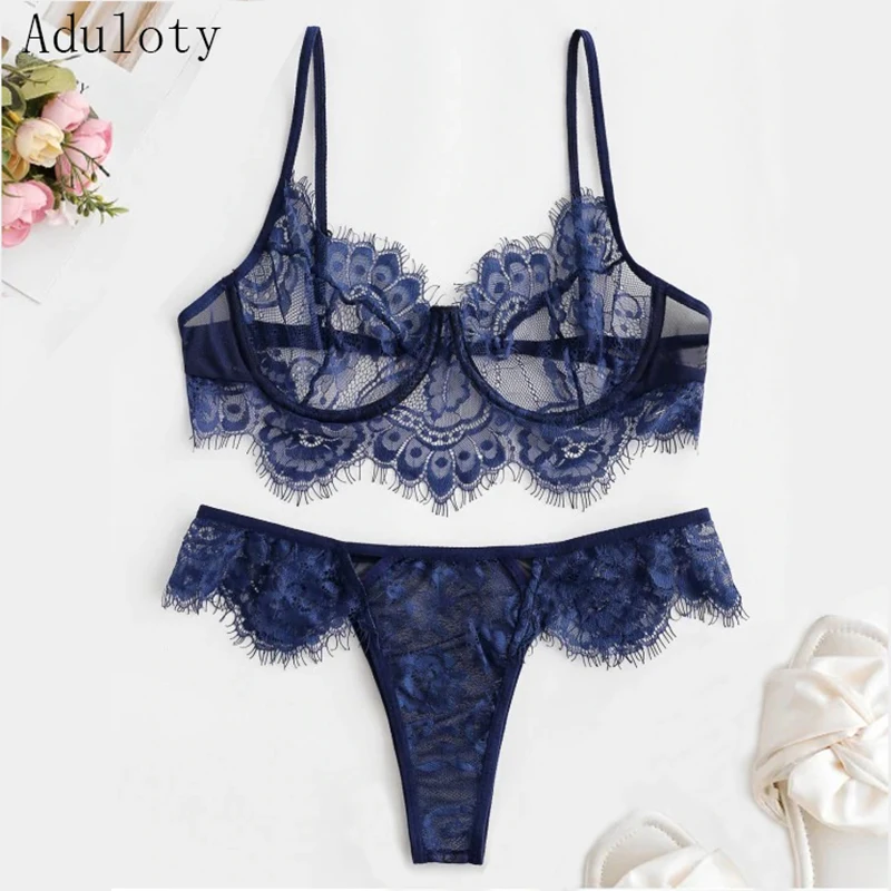 

Aduloty Ultrathin Perspective sexy push up Babydoll bra underwear briefs Underwire Lace Eyelash Lingerie Set