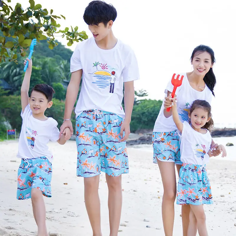 

2019 Fashion Family Matching Beach Short Starfish Printing Quickly Dry Western Style Elastic Waist Pocket Casual Family Swim
