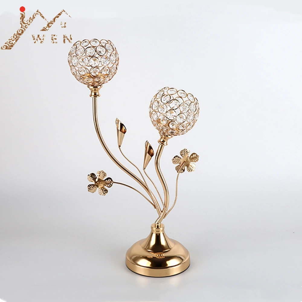 

2-Arms Crystal Candle Holders Metal Candelabras Delicate Gold Candlesticks Wedding Flower Patter Home Hotel Decor